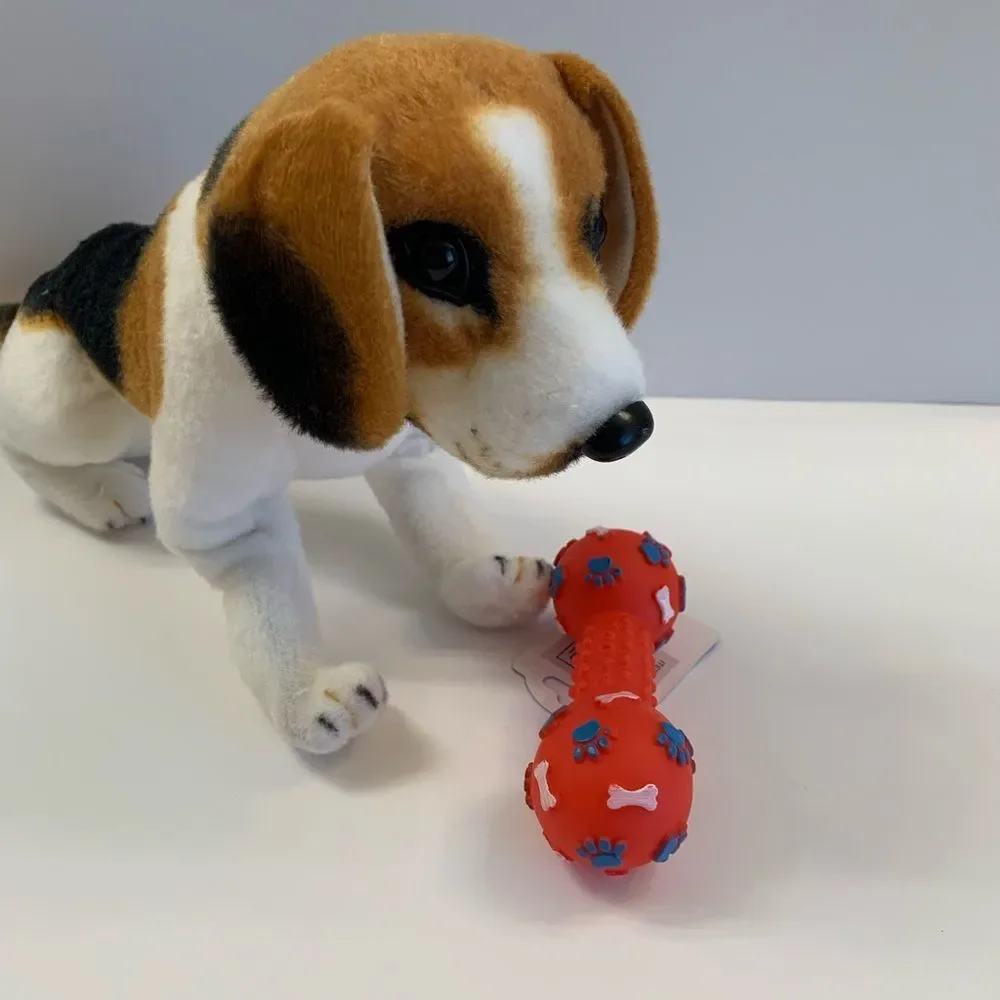 Pet- Squeaky Toy- Dumbbell W/ Paw Prints - Various Colors